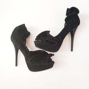 Dollhouse Suede Black Ruffle  Platform Heels
